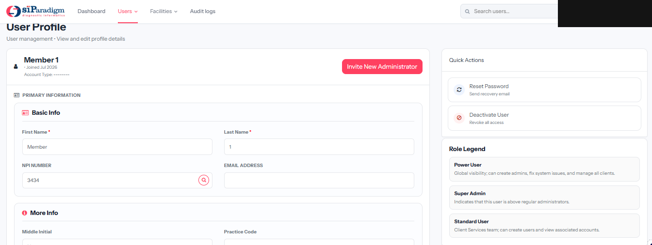 The admin module's user profile screen, showing editable basic info alongside quick actions to reset a password or deactivate a user, and a role legend defining Power User, Super Admin, and Standard User access.
