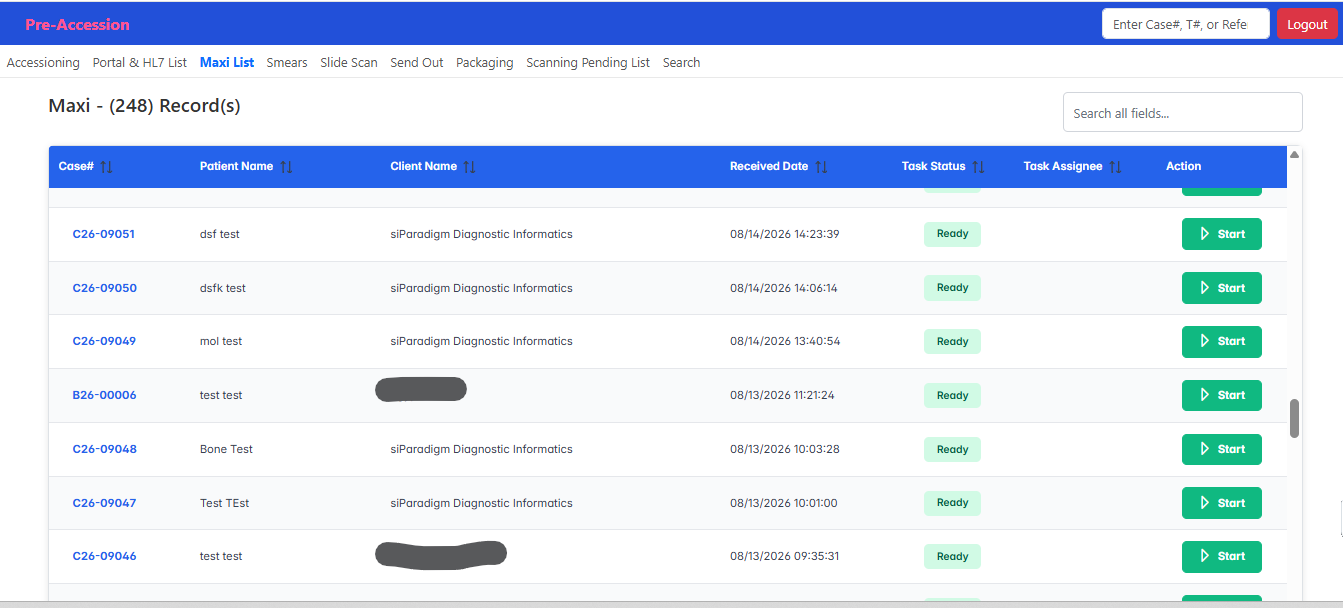The LS module's Maxi worklist, listing cases by case number, patient name, client name, received date, task status, and assignee, each with a Start action.