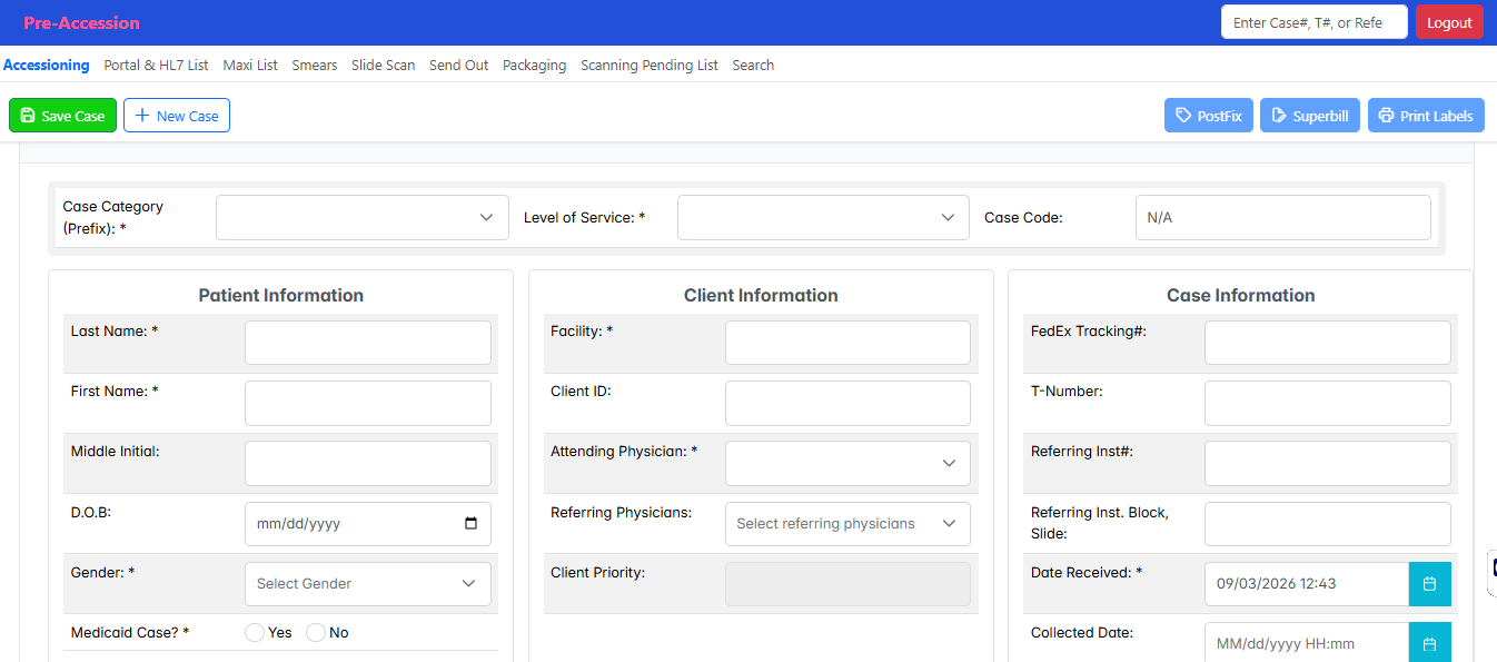 The LS module's pre-accession form, showing separate patient information, client information, and case information sections above Save Case and New Case actions.